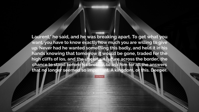 C.S. Pacat Quote: “Laurent,’ he said, and he was breaking apart. To get what you want, you have to know exactly how much you are willing to give up. Never had he wanted something this badly, and held it in his hands knowing that tomorrow it would be gone, traded for the high cliffs of Ios, and the uncertain future across the border, the chance to stand before his brother, to ask him for all the answers that no longer seemed so important. A kingdom, or this. Deeper.”