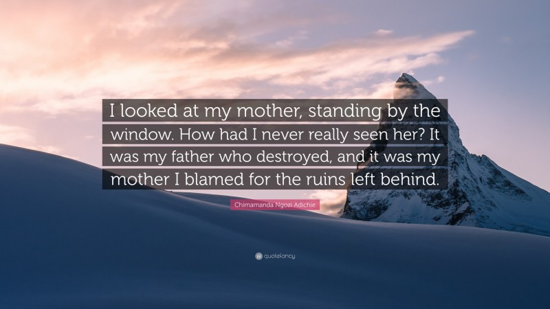 Chimamanda Ngozi Adichie Quote: “I looked at my mother, standing by the window. How had I never really seen her? It was my father who destroyed, and it was my mother I blamed for the ruins left behind.”