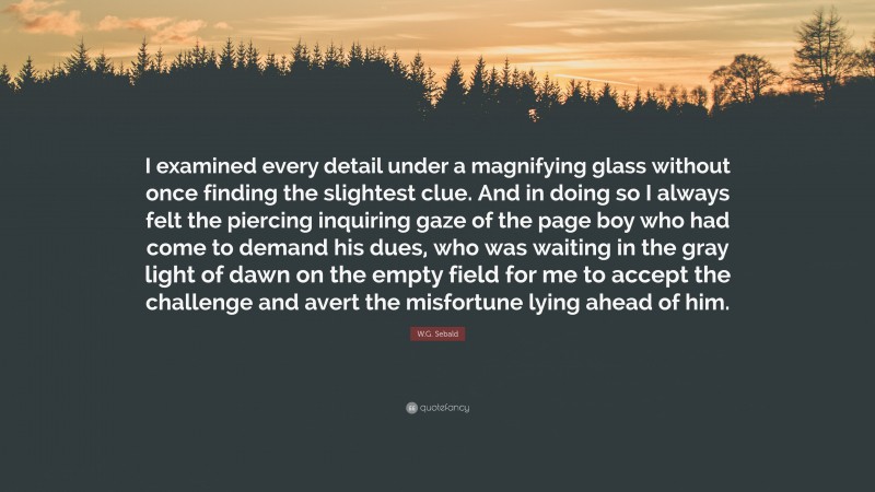 W.G. Sebald Quote: “I examined every detail under a magnifying glass without once finding the slightest clue. And in doing so I always felt the piercing inquiring gaze of the page boy who had come to demand his dues, who was waiting in the gray light of dawn on the empty field for me to accept the challenge and avert the misfortune lying ahead of him.”