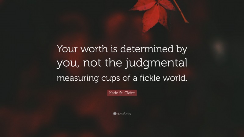 Katie St. Claire Quote: “Your worth is determined by you, not the judgmental measuring cups of a fickle world.”
