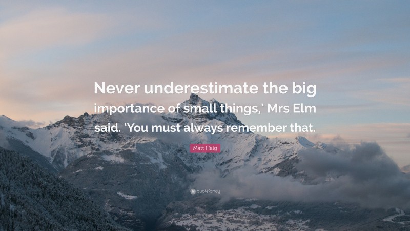 Matt Haig Quote: “Never underestimate the big importance of small things,’ Mrs Elm said. ‘You must always remember that.”