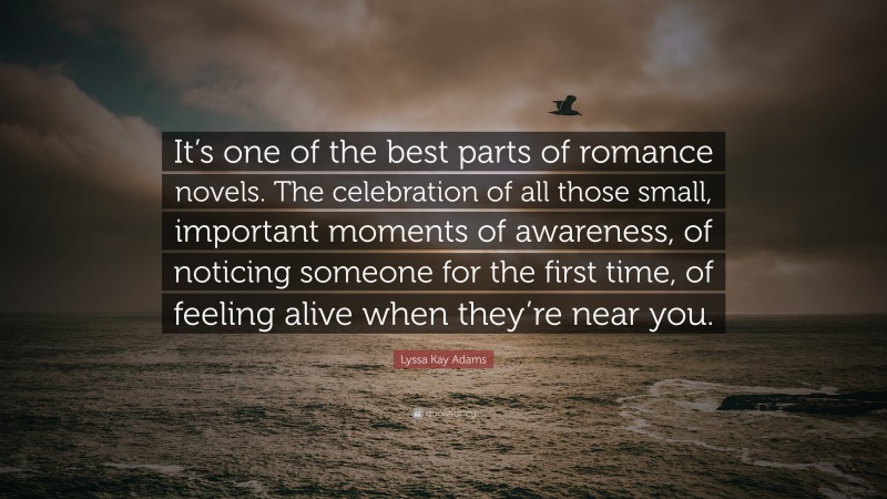 Lyssa Kay Adams Quote: “It’s one of the best parts of romance novels. The celebration of all those small, important moments of awareness, of noticing someone for the first time, of feeling alive when they’re near you.”
