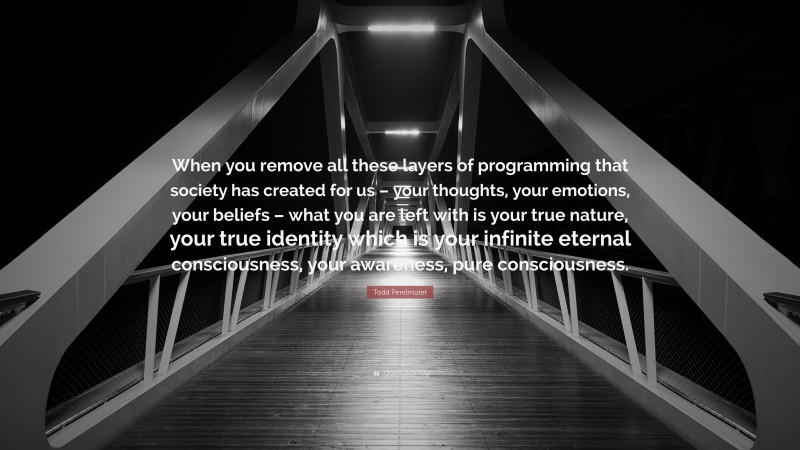 Todd Perelmuter Quote: “When you remove all these layers of programming that society has created for us – your thoughts, your emotions, your beliefs – what you are left with is your true nature, your true identity which is your infinite eternal consciousness, your awareness, pure consciousness.”