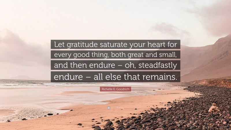 Richelle E. Goodrich Quote: “Let gratitude saturate your heart for every good thing, both great and small, and then endure – oh, steadfastly endure – all else that remains.”