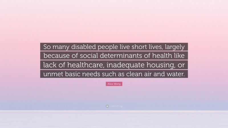 Alice Wong Quote: “So many disabled people live short lives, largely because of social determinants of health like lack of healthcare, inadequate housing, or unmet basic needs such as clean air and water.”