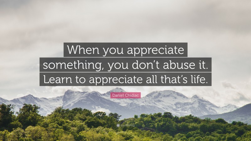 Daniel Chidiac Quote: “When you appreciate something, you don’t abuse it. Learn to appreciate all that’s life.”