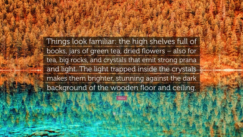 Misba Quote: “Things look familiar: the high shelves full of books, jars of green tea, dried flowers – also for tea, big rocks, and crystals that emit strong prana and light. The light trapped inside the crystals makes them brighter, stunning against the dark background of the wooden floor and ceiling.”
