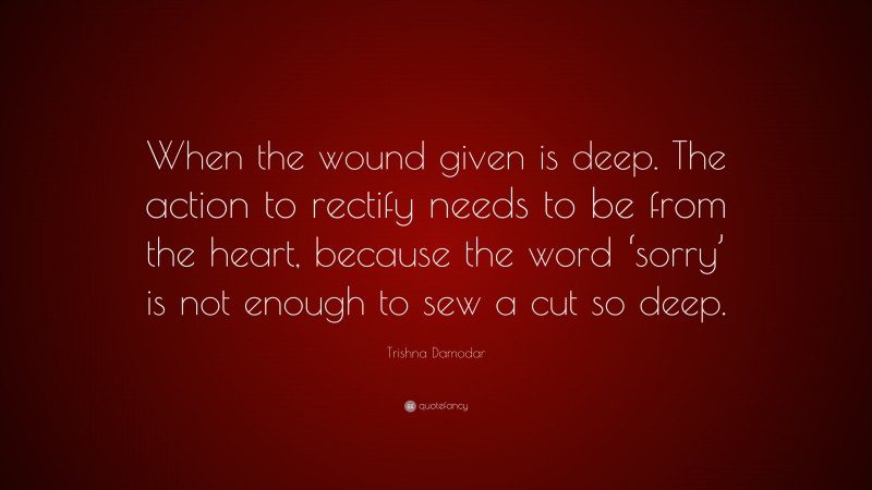 Trishna Damodar Quote: “When the wound given is deep. The action to rectify needs to be from the heart, because the word ‘sorry’ is not enough to sew a cut so deep.”