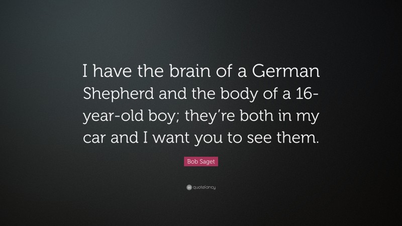 Bob Saget Quote: “I have the brain of a German Shepherd and the body of a 16-year-old boy; they’re both in my car and I want you to see them.”