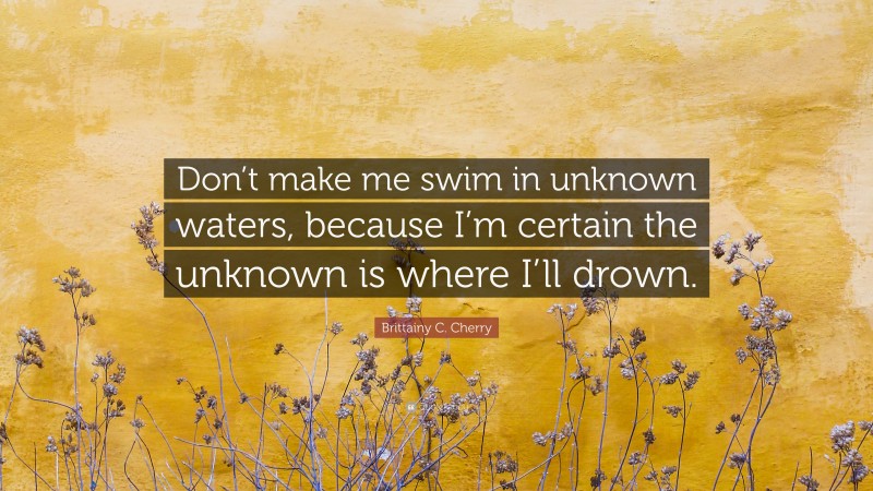 Brittainy C. Cherry Quote: “Don’t make me swim in unknown waters, because I’m certain the unknown is where I’ll drown.”