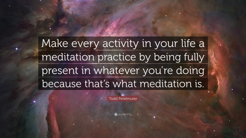 Todd Perelmuter Quote: “Make every activity in your life a meditation practice by being fully present in whatever you’re doing because that’s what meditation is.”