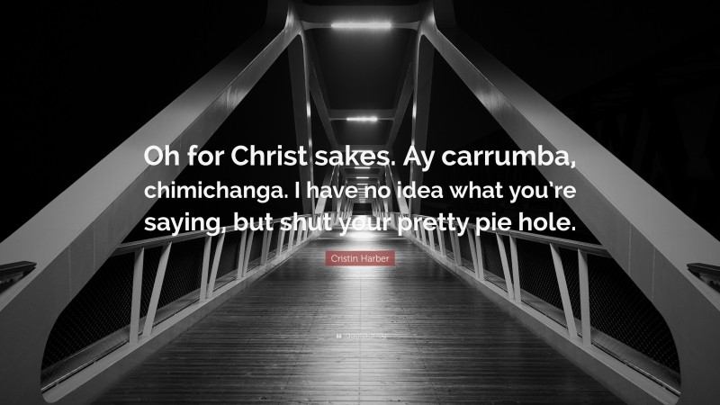 Cristin Harber Quote: “Oh for Christ sakes. Ay carrumba, chimichanga. I have no idea what you’re saying, but shut your pretty pie hole.”