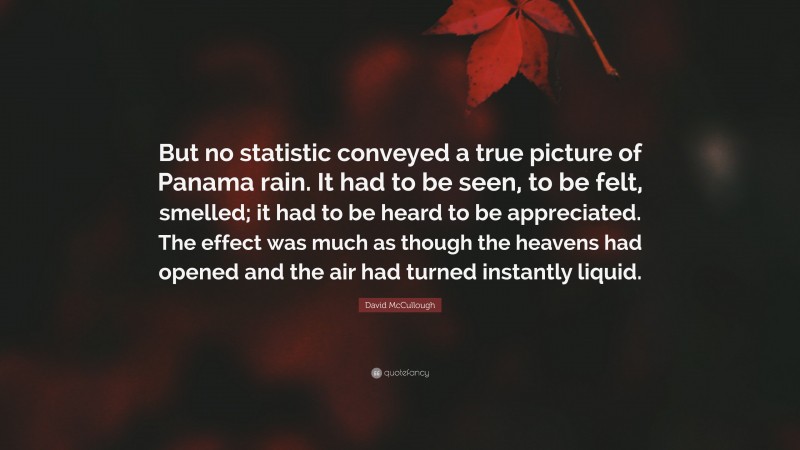 David McCullough Quote: “But no statistic conveyed a true picture of Panama rain. It had to be seen, to be felt, smelled; it had to be heard to be appreciated. The effect was much as though the heavens had opened and the air had turned instantly liquid.”