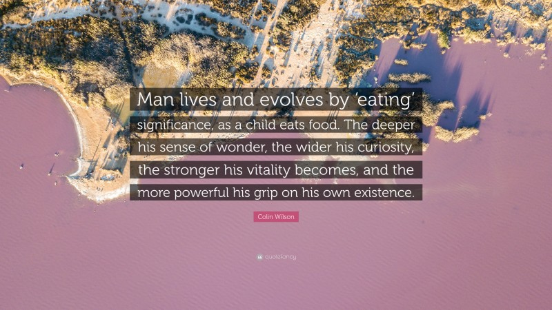 Colin Wilson Quote: “Man lives and evolves by ‘eating’ significance, as a child eats food. The deeper his sense of wonder, the wider his curiosity, the stronger his vitality becomes, and the more powerful his grip on his own existence.”