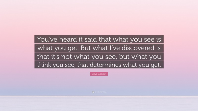 Steve Goodier Quote: “You’ve heard it said that what you see is what you get. But what I’ve discovered is that it’s not what you see, but what you think you see, that determines what you get.”