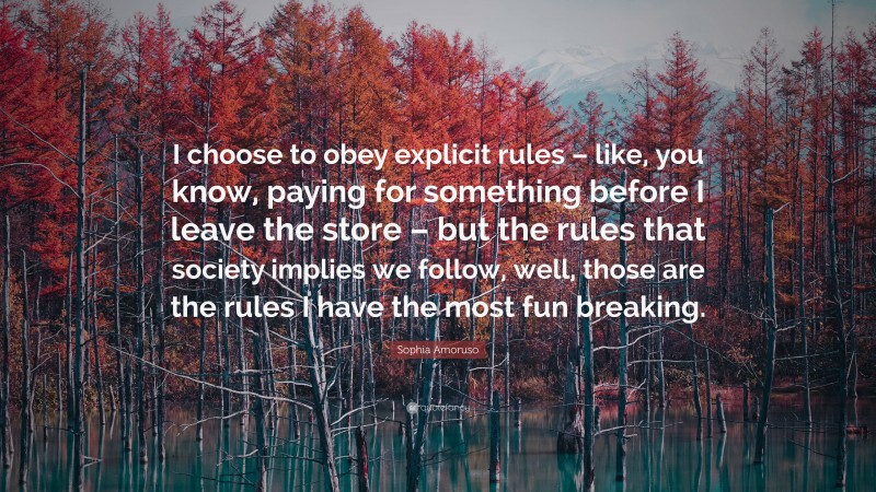 Sophia Amoruso Quote: “I choose to obey explicit rules – like, you know, paying for something before I leave the store – but the rules that society implies we follow, well, those are the rules I have the most fun breaking.”