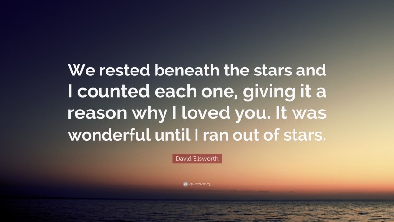 David Ellsworth Quote: “We rested beneath the stars and I counted each one, giving it a reason why I loved you. It was wonderful until I ran out of stars.”