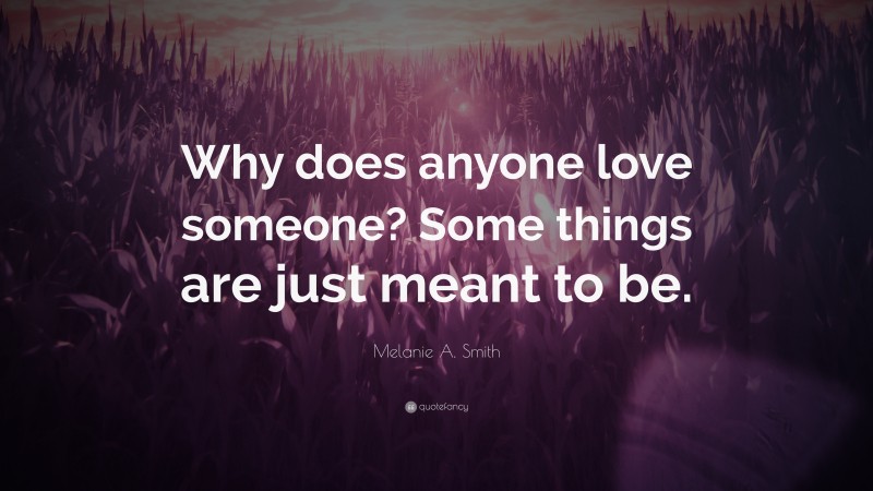 Melanie A. Smith Quote: “Why does anyone love someone? Some things are just meant to be.”