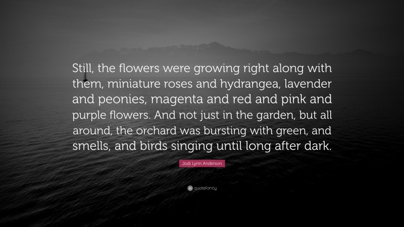 Jodi Lynn Anderson Quote: “Still, the flowers were growing right along with them, miniature roses and hydrangea, lavender and peonies, magenta and red and pink and purple flowers. And not just in the garden, but all around, the orchard was bursting with green, and smells, and birds singing until long after dark.”
