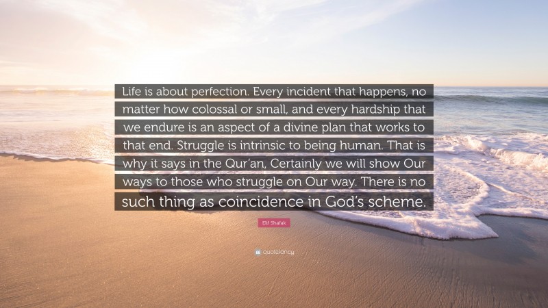 Elif Shafak Quote: “Life is about perfection. Every incident that happens, no matter how colossal or small, and every hardship that we endure is an aspect of a divine plan that works to that end. Struggle is intrinsic to being human. That is why it says in the Qur’an, Certainly we will show Our ways to those who struggle on Our way. There is no such thing as coincidence in God’s scheme.”