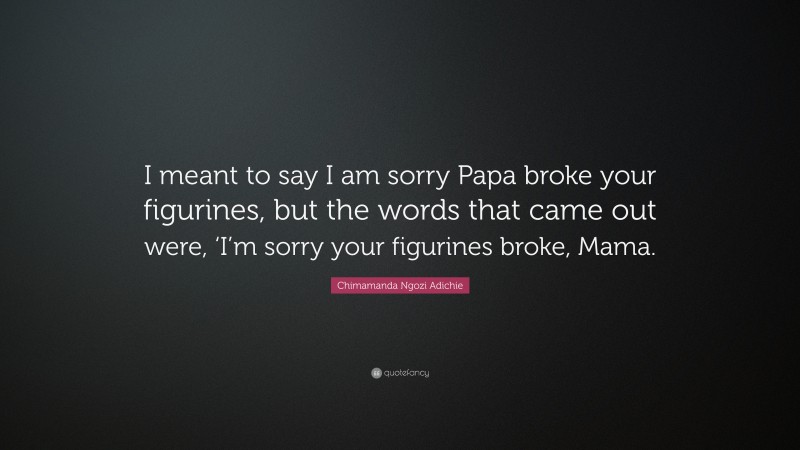 Chimamanda Ngozi Adichie Quote: “I meant to say I am sorry Papa broke your figurines, but the words that came out were, ‘I’m sorry your figurines broke, Mama.”