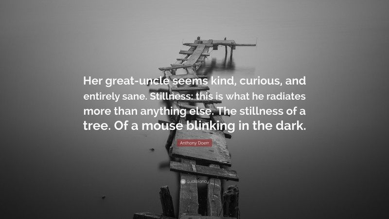 Anthony Doerr Quote: “Her great-uncle seems kind, curious, and entirely sane. Stillness: this is what he radiates more than anything else. The stillness of a tree. Of a mouse blinking in the dark.”