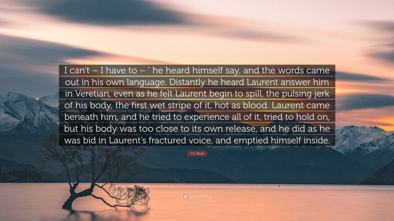 C.S. Pacat Quote: “I can’t – I have to – ’ he heard himself say, and the words came out in his own language. Distantly he heard Laurent answer him in Veretian, even as he felt Laurent begin to spill, the pulsing jerk of his body, the first wet stripe of it, hot as blood. Laurent came beneath him, and he tried to experience all of it, tried to hold on, but his body was too close to its own release, and he did as he was bid in Laurent’s fractured voice, and emptied himself inside.”