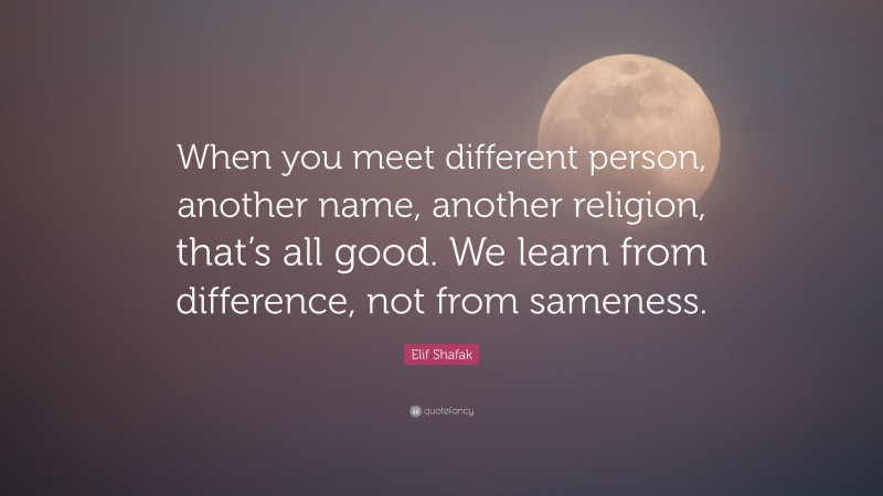Elif Shafak Quote: “When you meet different person, another name, another religion, that’s all good. We learn from difference, not from sameness.”
