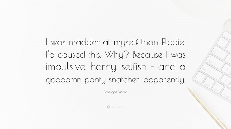 Penelope Ward Quote: “I was madder at myself than Elodie. I’d caused this. Why? Because I was impulsive, horny, selfish – and a goddamn panty snatcher, apparently.”
