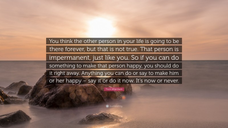 Thich Nhat Hanh Quote: “You think the other person in your life is going to be there forever, but that is not true. That person is impermanent, just like you. So if you can do something to make that person happy, you should do it right away. Anything you can do or say to make him or her happy – say it or do it now. It’s now or never.”