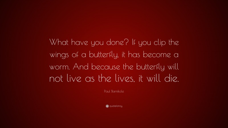 Paul Bamikole Quote: “What have you done? If you clip the wings of a butterfly, it has become a worm. And because the butterfly will not live as the lives, it will die.”