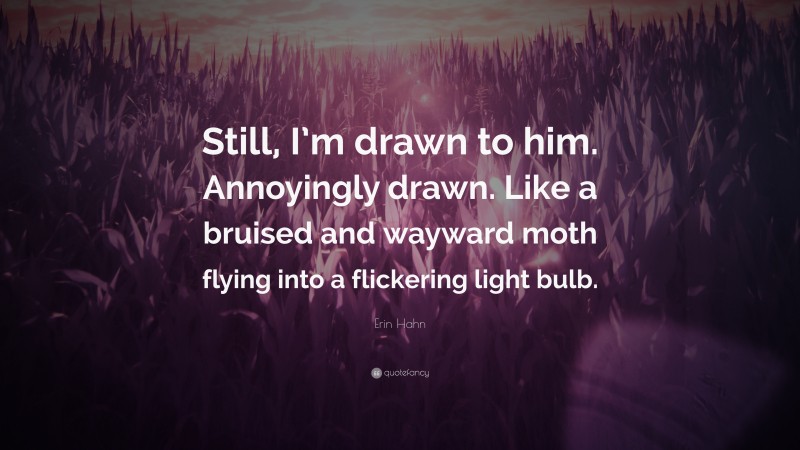 Erin Hahn Quote: “Still, I’m drawn to him. Annoyingly drawn. Like a bruised and wayward moth flying into a flickering light bulb.”
