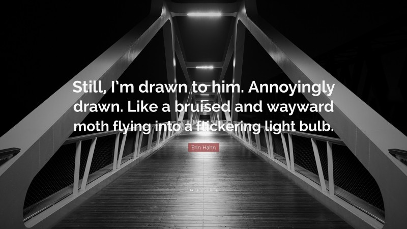 Erin Hahn Quote: “Still, I’m drawn to him. Annoyingly drawn. Like a bruised and wayward moth flying into a flickering light bulb.”