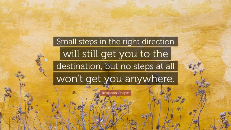 Benjamin Chapin Quote: “Small steps in the right direction will still get you to the destination, but no steps at all won’t get you anywhere.”