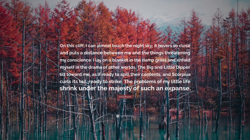 Jenny Knipfer Quote: “On this cliff, I can almost touch the night sky; it hovers so close and puts a distance between me and the things threatening my conscience. I lay on a blanket in the damp grass and enfold myself in the drama of other worlds. The Big and Little Dipper tilt toward me, as if ready to spill their contents, and Scorpius curls its tail, ready to strike. The problems of my little life shrink under the majesty of such an expanse.”