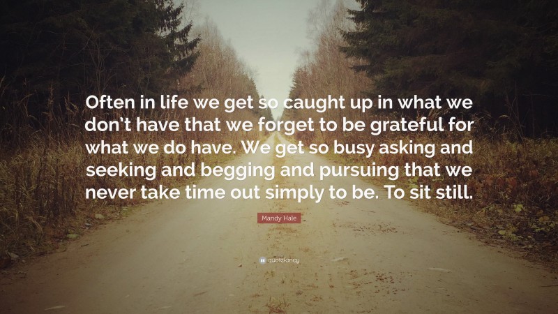 Mandy Hale Quote: “Often in life we get so caught up in what we don’t have that we forget to be grateful for what we do have. We get so busy asking and seeking and begging and pursuing that we never take time out simply to be. To sit still.”