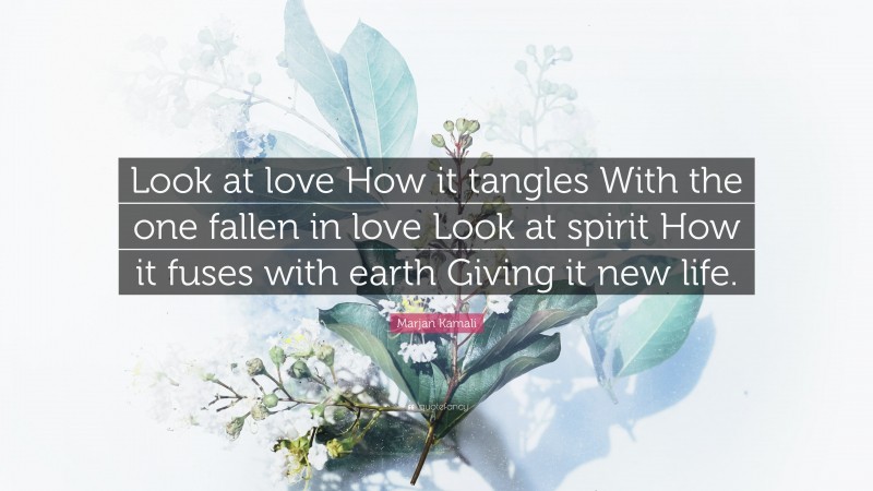 Marjan Kamali Quote: “Look at love How it tangles With the one fallen in love Look at spirit How it fuses with earth Giving it new life.”