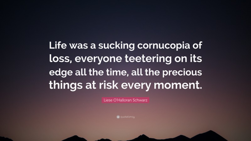Liese O'Halloran Schwarz Quote: “Life was a sucking cornucopia of loss, everyone teetering on its edge all the time, all the precious things at risk every moment.”