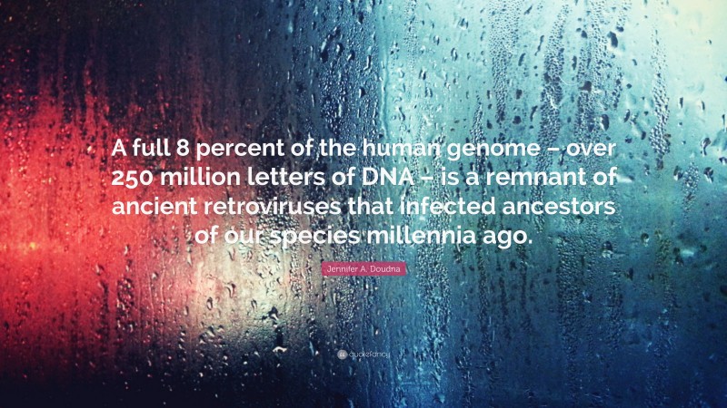 Jennifer A. Doudna Quote: “A full 8 percent of the human genome – over 250 million letters of DNA – is a remnant of ancient retroviruses that infected ancestors of our species millennia ago.”