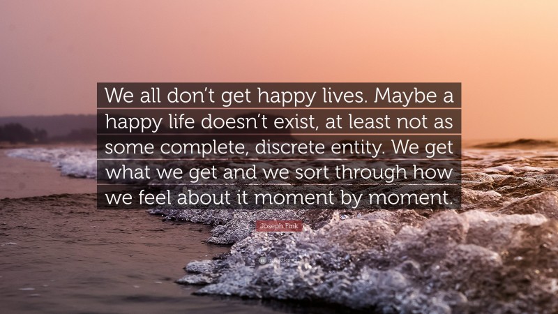 Joseph Fink Quote: “We all don’t get happy lives. Maybe a happy life doesn’t exist, at least not as some complete, discrete entity. We get what we get and we sort through how we feel about it moment by moment.”