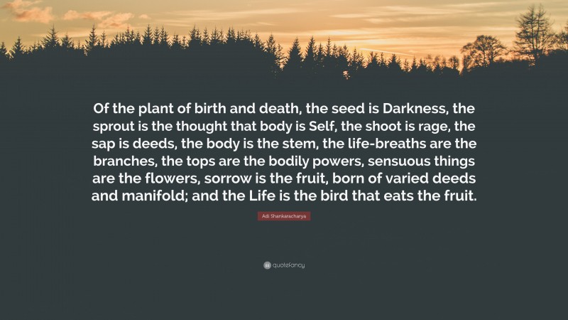 Adi Shankaracharya Quote: “Of the plant of birth and death, the seed is Darkness, the sprout is the thought that body is Self, the shoot is rage, the sap is deeds, the body is the stem, the life-breaths are the branches, the tops are the bodily powers, sensuous things are the flowers, sorrow is the fruit, born of varied deeds and manifold; and the Life is the bird that eats the fruit.”