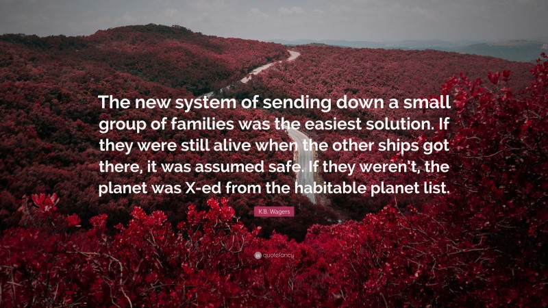 K.B. Wagers Quote: “The new system of sending down a small group of families was the easiest solution. If they were still alive when the other ships got there, it was assumed safe. If they weren’t, the planet was X-ed from the habitable planet list.”