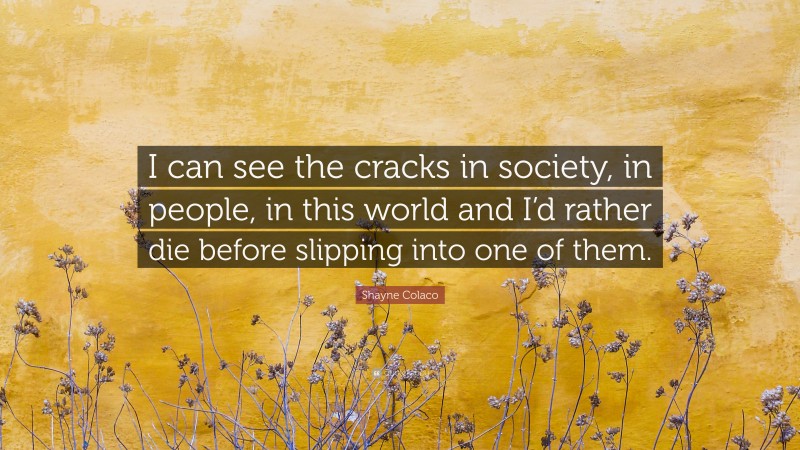 Shayne Colaco Quote: “I can see the cracks in society, in people, in this world and I’d rather die before slipping into one of them.”