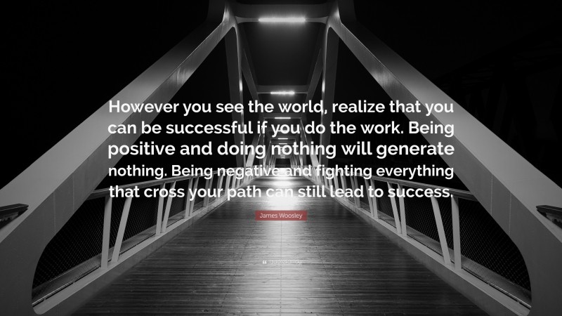 James Woosley Quote: “However you see the world, realize that you can be successful if you do the work. Being positive and doing nothing will generate nothing. Being negative and fighting everything that cross your path can still lead to success.”