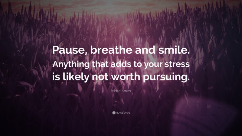 Majid Kazmi Quote: “Pause, breathe and smile. Anything that adds to your stress is likely not worth pursuing.”