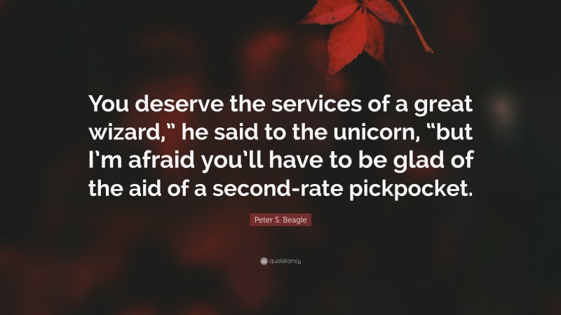 Peter S. Beagle Quote: “You deserve the services of a great wizard,” he said to the unicorn, “but I’m afraid you’ll have to be glad of the aid of a second-rate pickpocket.”