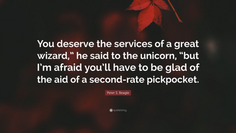 Peter S. Beagle Quote: “You deserve the services of a great wizard,” he said to the unicorn, “but I’m afraid you’ll have to be glad of the aid of a second-rate pickpocket.”