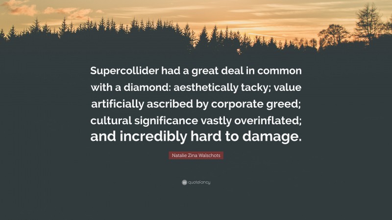 Natalie Zina Walschots Quote: “Supercollider had a great deal in common with a diamond: aesthetically tacky; value artificially ascribed by corporate greed; cultural significance vastly overinflated; and incredibly hard to damage.”