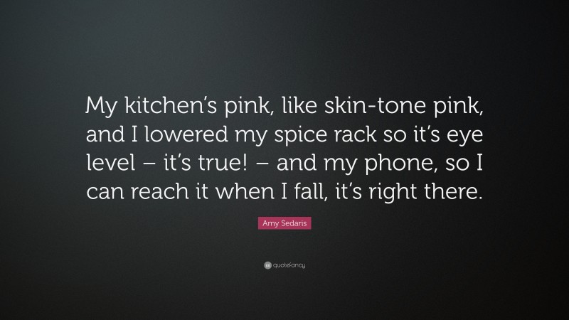 Amy Sedaris Quote: “My kitchen’s pink, like skin-tone pink, and I lowered my spice rack so it’s eye level – it’s true! – and my phone, so I can reach it when I fall, it’s right there.”