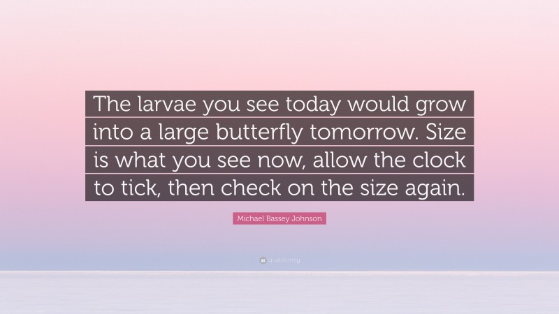 Michael Bassey Johnson Quote: “The larvae you see today would grow into a large butterfly tomorrow. Size is what you see now, allow the clock to tick, then check on the size again.”